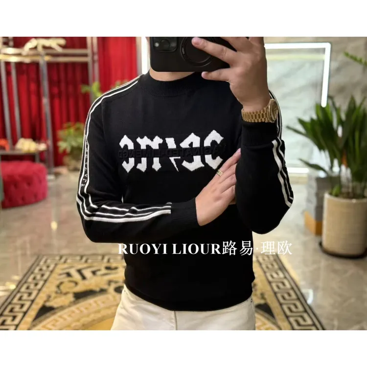 【路易理欧】新款欧货时尚休闲英文条男士长袖针织衫0489
