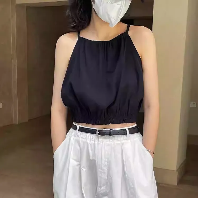 韩国东大门收腰挂脖吊带背心女夏季新款宽松显瘦松紧无袖削肩上衣