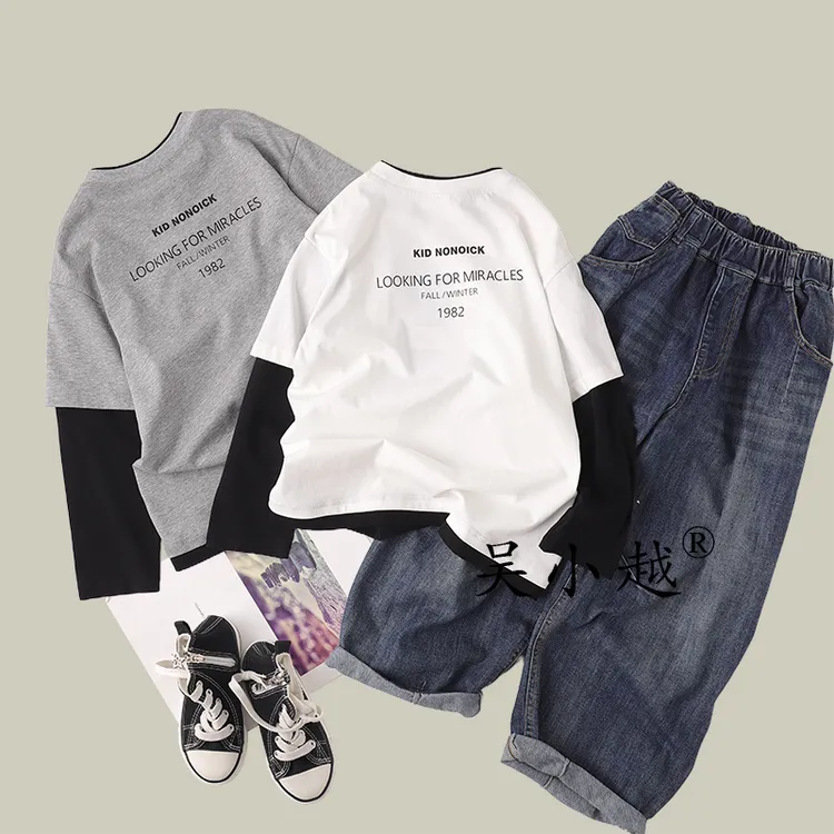 吴小越w1592男童秋款假两件拼色长袖宽松无感素色棉t恤中大童