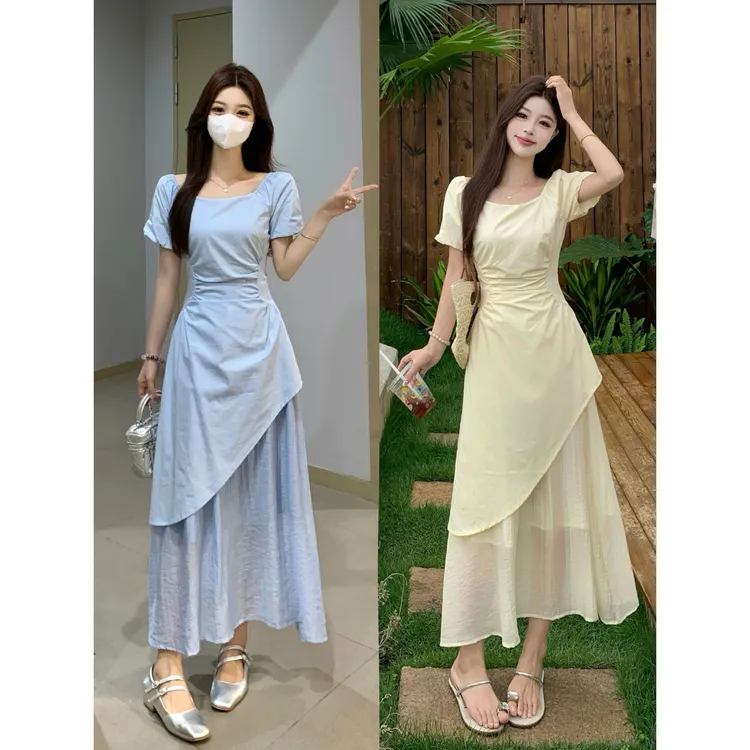 大码法式气质设计感不规则方领泡泡袖连衣裙女夏季收腰褶皱长裙