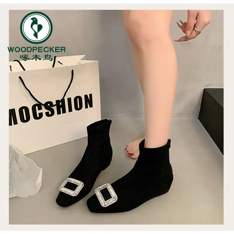 啄木鸟小香风水钻方扣内增高短靴2025秋冬新款显瘦加绒弹力瘦瘦靴