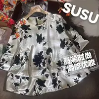 常规款圆领宽松薄款上衣优雅短袖小衫拼接女士洋气