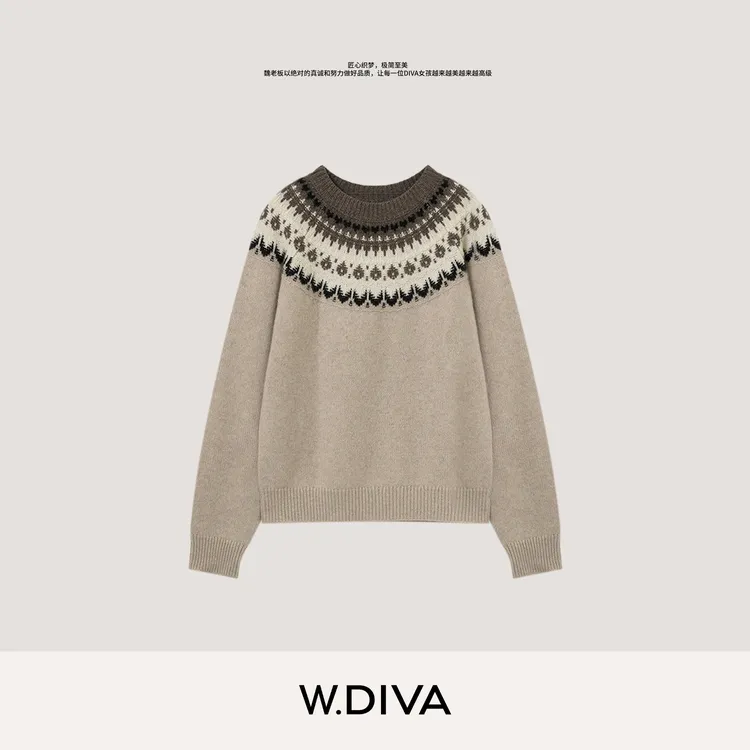 W.Diva【花阶】山羊绒羊毛复古圆领提花费尔岛套头衫女54Z083070