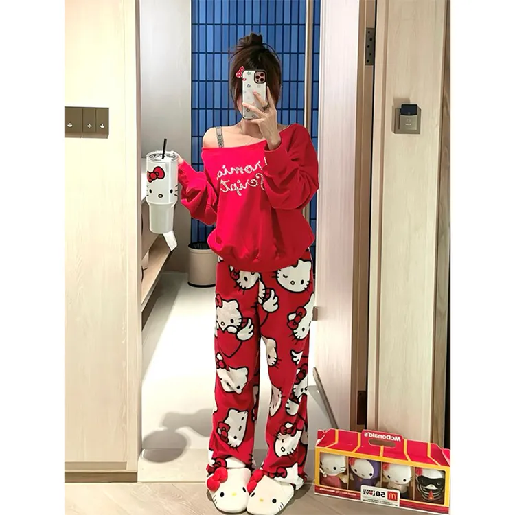 【露肩Kitty】可爱烫钻卡通睡衣女春秋新款红色长袖长裤家居服套装