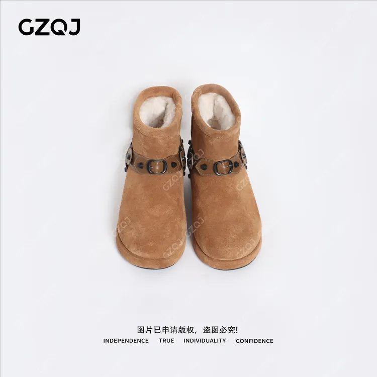 老琴私服 皮带扣朋克风保暖时尚增高雪地靴女中跟冬季高帮靴 1571