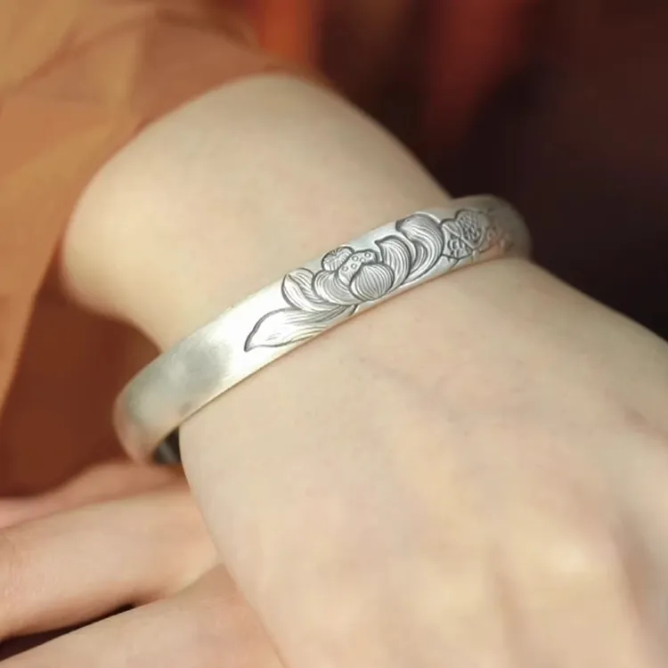 足银手镯 莲花古法开口复古实心送妈妈礼物纯银999民族风经典镯子
