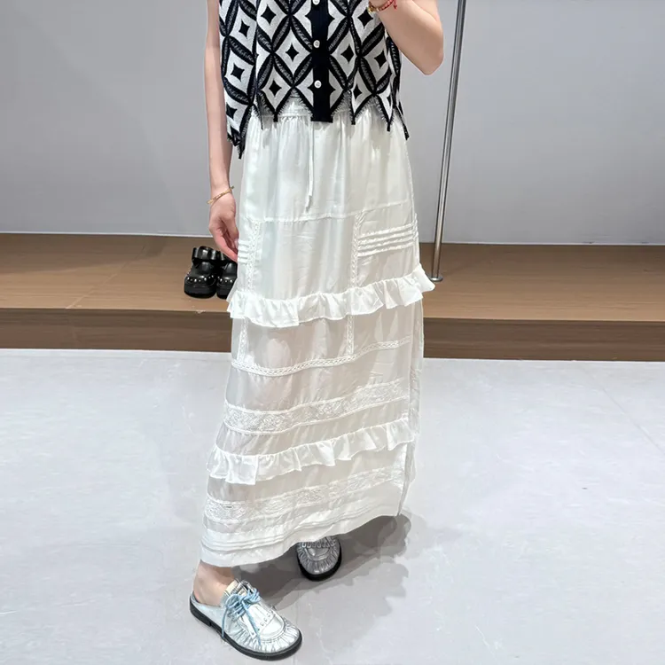FIZZFLY|25设计师品牌新款长款木耳花边真丝半身裙白色裙子半裙