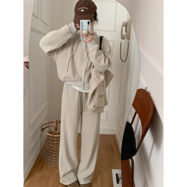 韩系加绒立领卫衣套装女2025秋冬慵懒宽松设计感休闲卫裤两件套潮