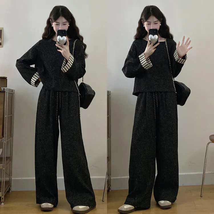 大码胖mm秋季小香风休闲时尚套装圆领上衣阔腿裤两件套装女