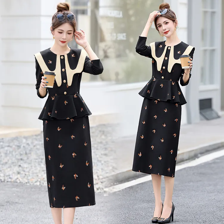法式小香风假两件蝴蝶连衣裙女2025年春秋新款名媛气质中长款裙子
