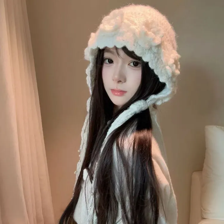 秋冬网红手工帽集合女百搭日系女士钩花针织帽编织镂空帽子显脸小