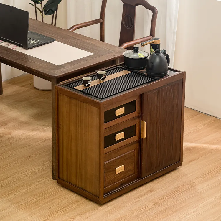 黑胡桃木茶水柜移动实木茶台中式茶桌小户型客厅多功能水吧台烧水