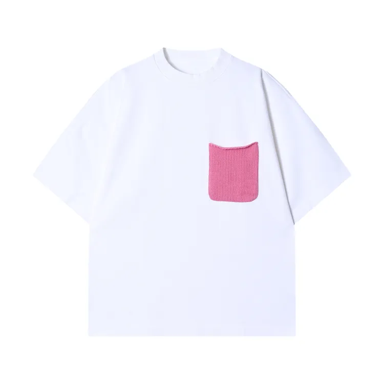 春夏新款时尚个性撞色拼接针织口袋圆领短袖T恤情侣百搭休闲上衣