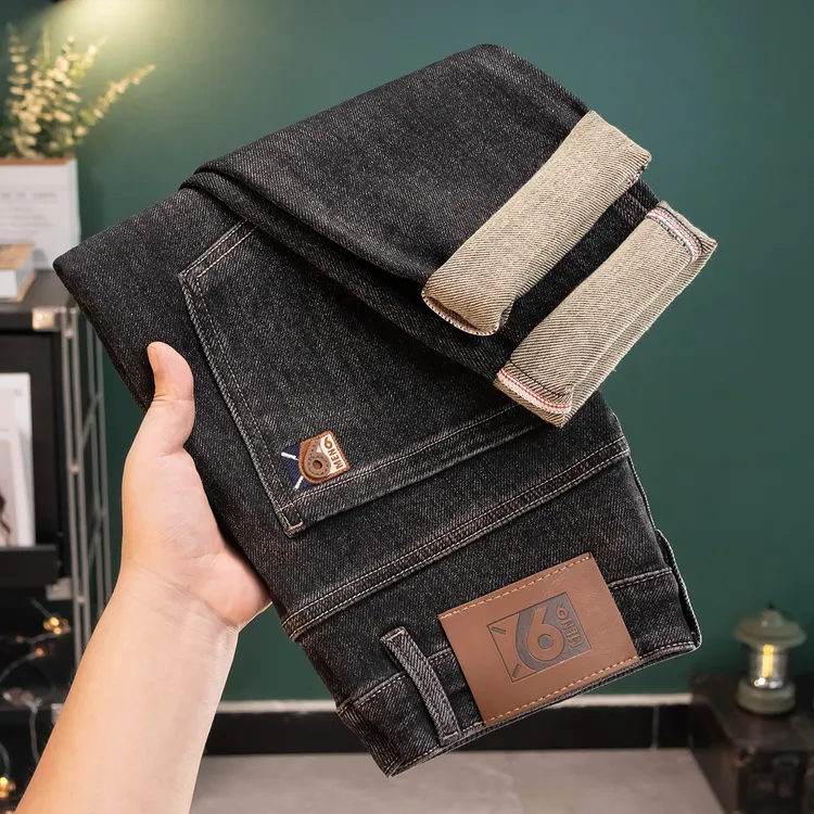 【潮流刺绣裤子】823秋季厚款潮流百搭黑灰色修身直筒弹力牛仔裤男