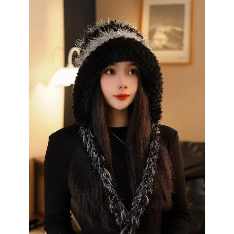 蓝色毛绒条纹针织帽女秋冬季韩系显脸小保暖护耳帽大头围毛线帽子