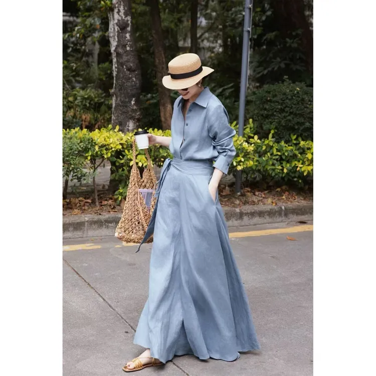 2025春夏新款纯亚麻衬衫围系长裙两件套洋气轻奢休闲百搭打底裙子