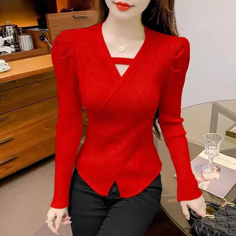 打底衫2024新款女早春洋气修身领毛衣内搭交叉设计感针织衫上衣