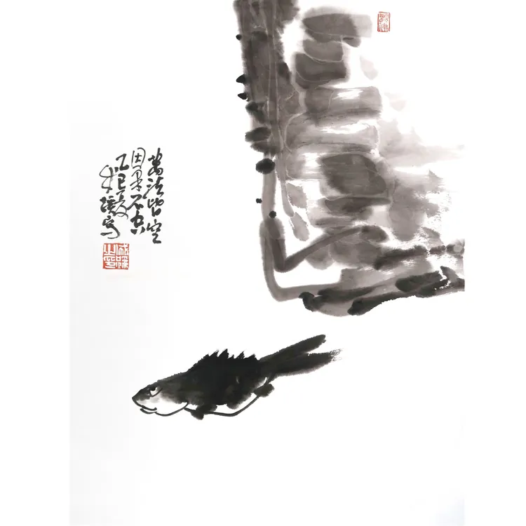 （大写意水墨鱼国画）手绘水墨字画 年年有余 34X46软片未裱