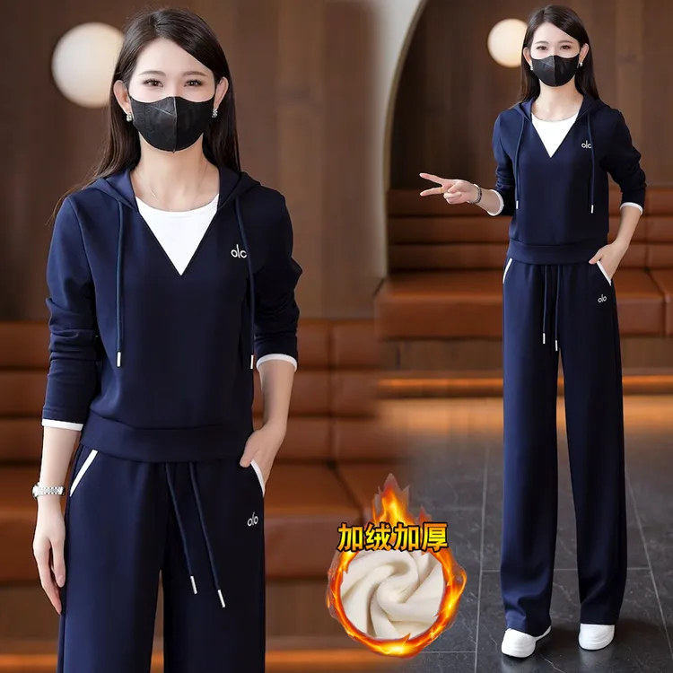 假两件 撞色减龄连帽韩版宽松休闲套装 阔腿裤女2025秋装新款长袖