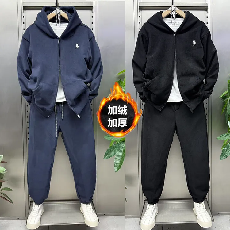 纯色加绒加厚套装男冬季摇粒绒连帽外套保暖休闲运动束脚裤两件套