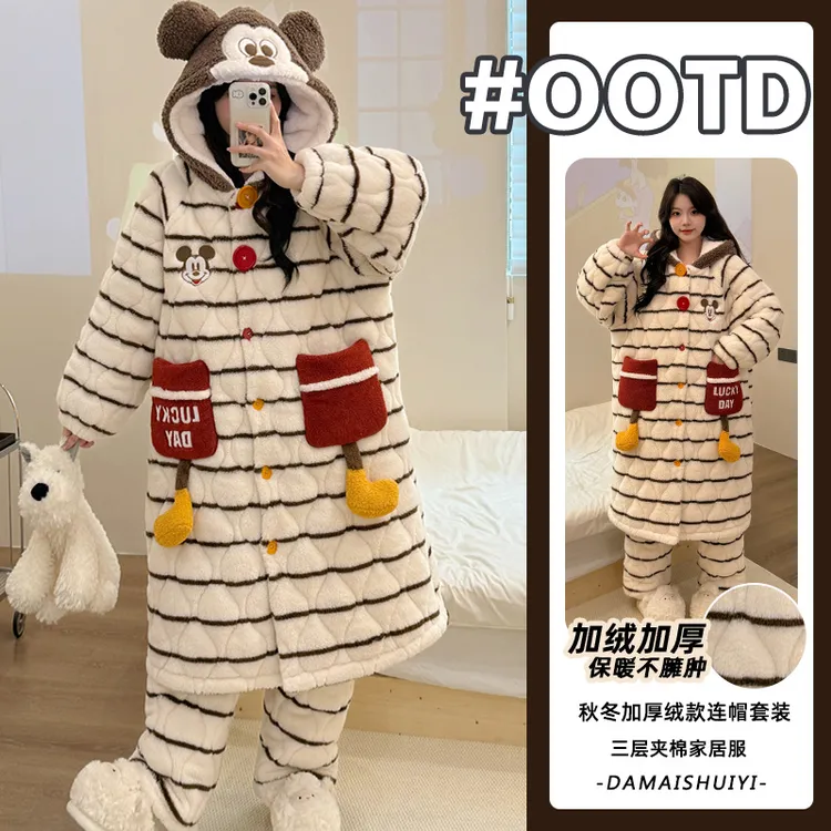 2025冬季保暖加绒加厚条纹三层夹棉连帽睡袍舒适高级感睡衣家居服