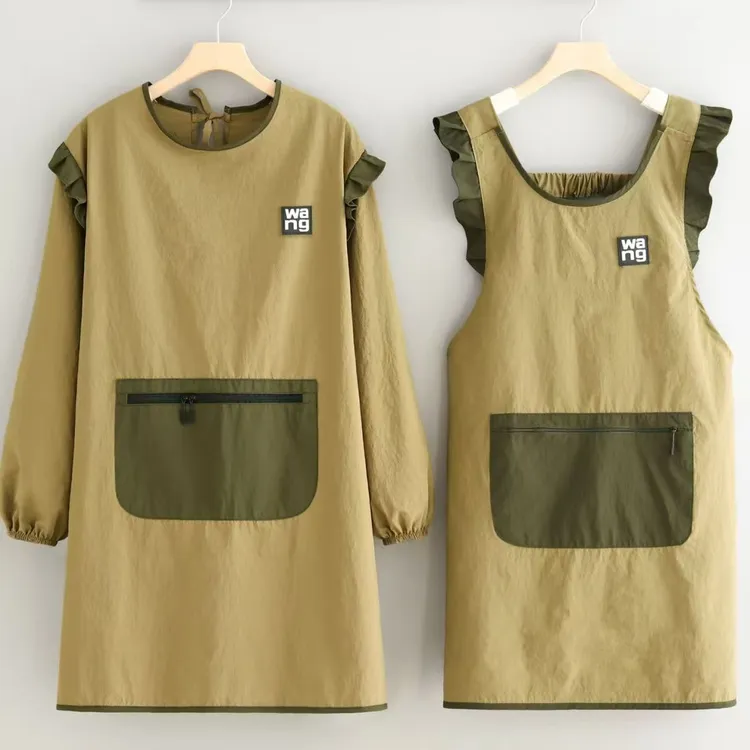 韩版防泼水长袖罩衣家用厨房围裙餐饮店烘焙店服务员上班工作服X