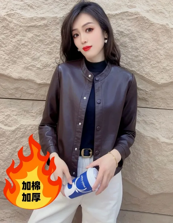 【加棉加厚】2025秋冬新款圆领时尚休闲中老年小个子皮衣外套女