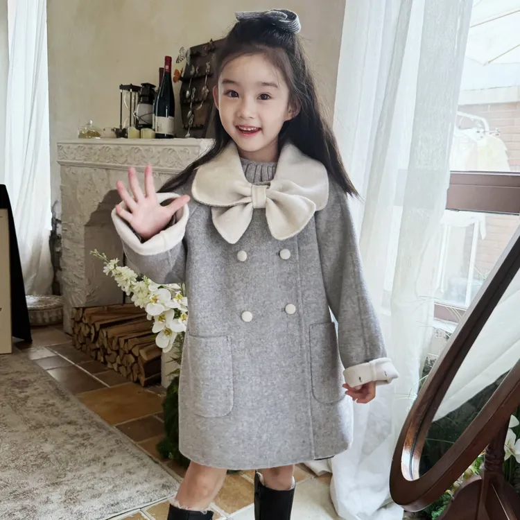 送内胆[Petit Nez]复古100%羊毛双面羊绒手工女童大衣灰色蝴蝶领