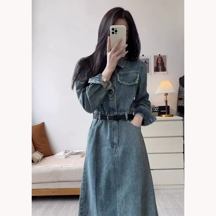 秋装2025年新款小香风长裙茶歇桔梗法式御姐牛仔连衣裙子女装秋季