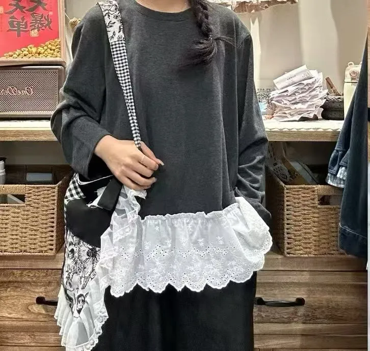 泡菜国德绒棉拼接棉布花边打底衫(衣长76左右）