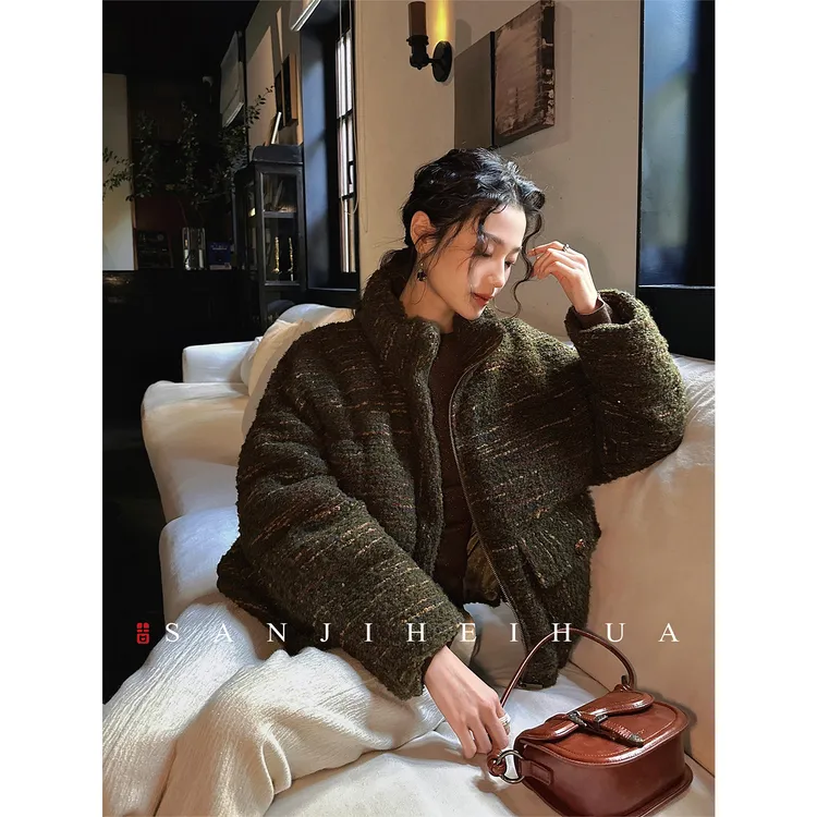 三吉黑花【圣诞结】氛围小香羽绒服2025新款冬珠片粗花呢巨好看的