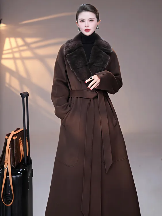 【WEIWEI】秀场款长款100%澳毛大衣冬季毛呢外套进口水貂毛领