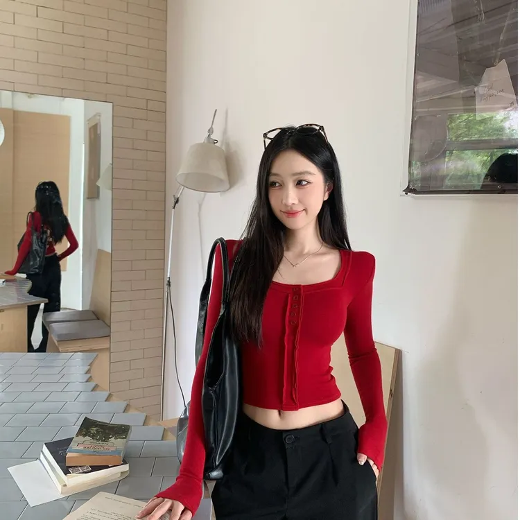 精品绒！设计款扣子纯欲方领加绒磨毛秋冬修身显瘦长袖上衣S11477