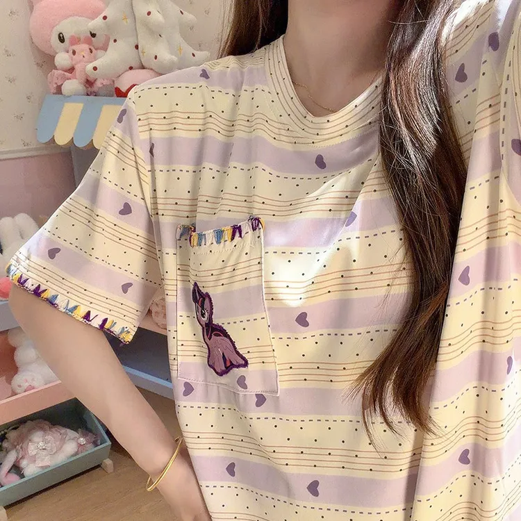 睡裙紫色小马宝莉中长款女士夏季带胸垫泡泡棉短袖甜美睡衣家居服