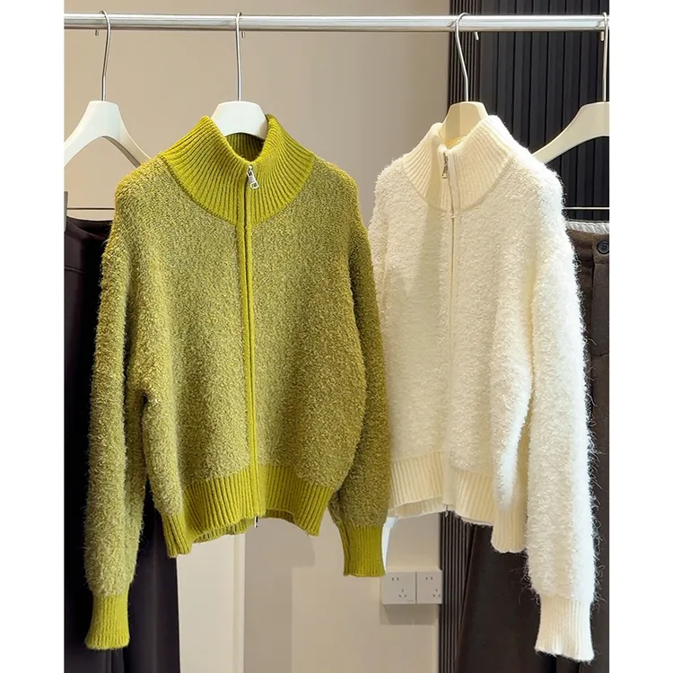 冬季立领双拉链圈圈纱毛衣女开衫2025新款慵懒风加厚保暖软糯外套