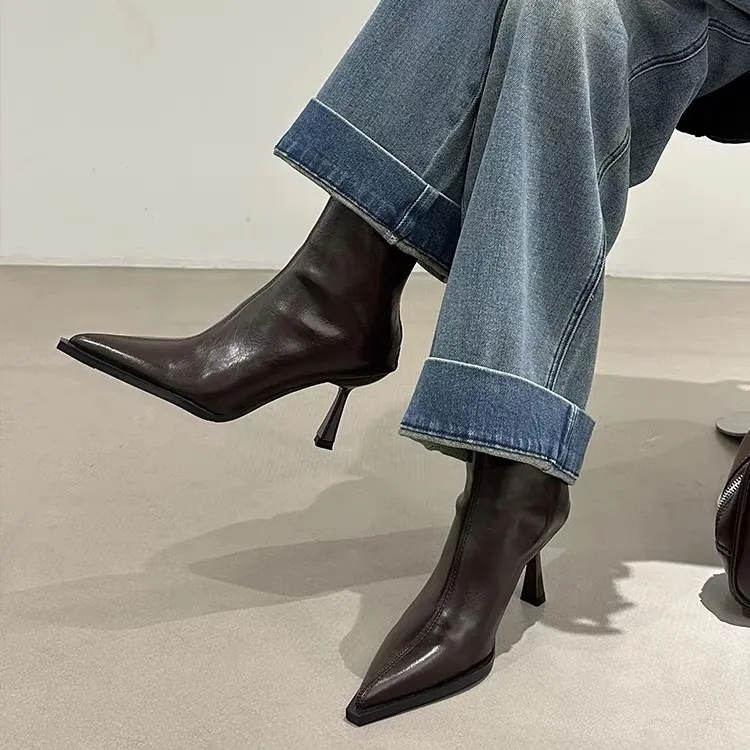 尖头短靴女2025秋冬季新款女靴马丁靴子高跟鞋短筒靴骑士靴瘦瘦靴