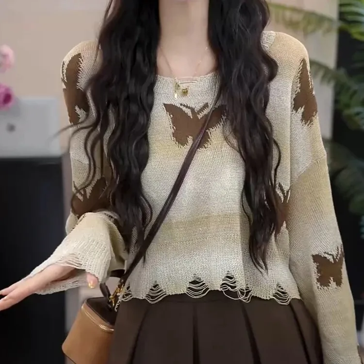 大码女装法式时尚小众长袖针织衫秋季新款胖MM慵懒风镂空百搭上衣