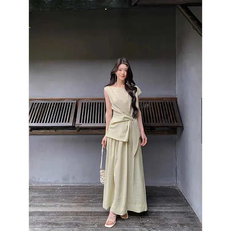 慵懒风时尚一整套系带斜肩背心上衣女夏季复古舒适半身裙两件套装