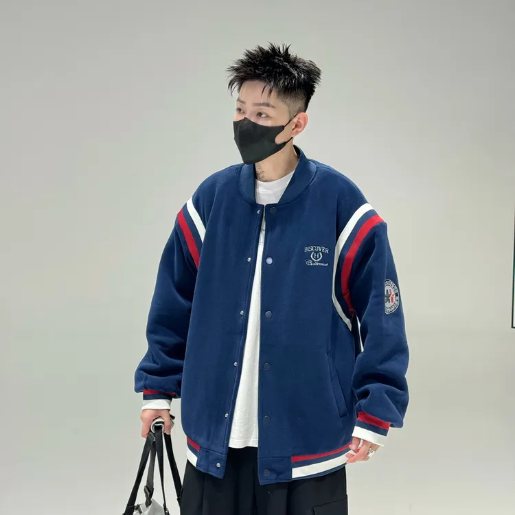 青少年秋冬加绒美式宽松夹克男潮牌撞色罗纹针织绣花棒球服外套