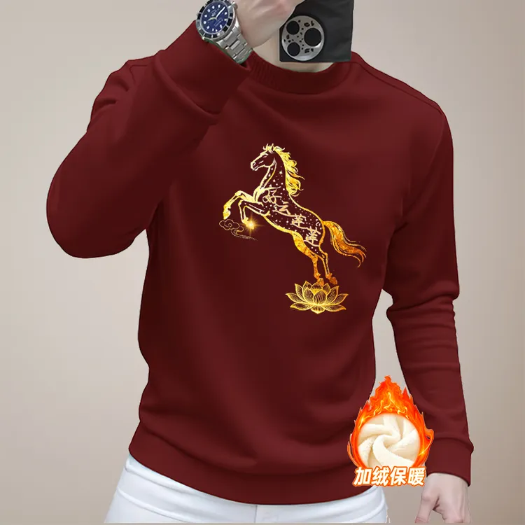 2026秋冬潮流马年好运莲莲寓意时尚图案男女同款圆领加绒加厚卫衣
