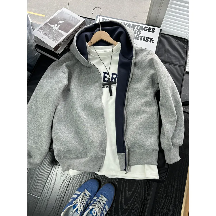 重磅拼色开衫卫衣男女秋季美式cleanfit慵懒情侣外套休闲连帽长袖