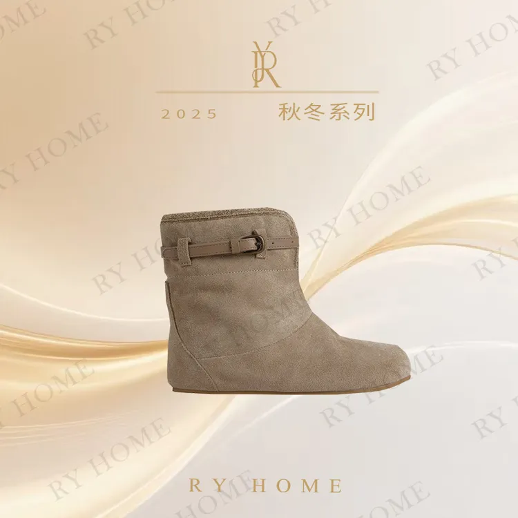 【容雨RYHOME】磨砂牛皮复古时尚金属扣真皮博肯雪地靴253X1371