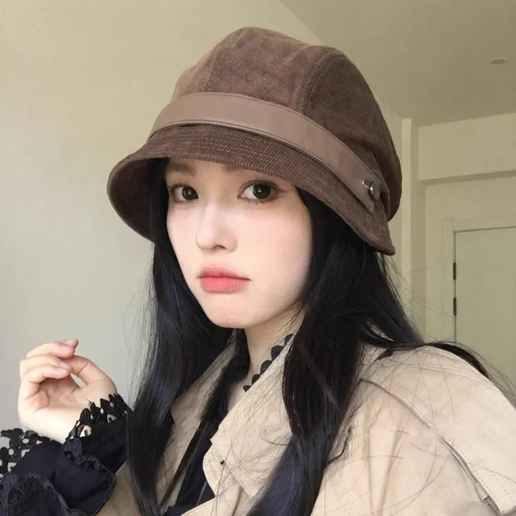 2025新款灯芯绒渔夫帽女一帽多戴可做小礼帽高性价比骑车可戴帽子