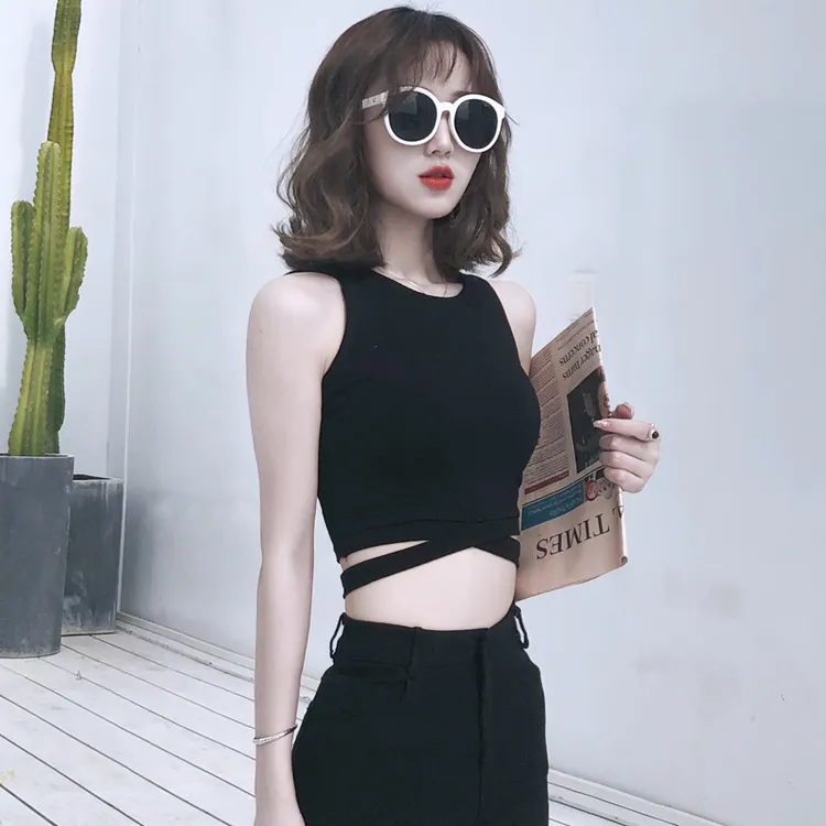 黑色小吊带背心女内搭ins夏外穿设计感无袖法式绑带露脐短款上衣
