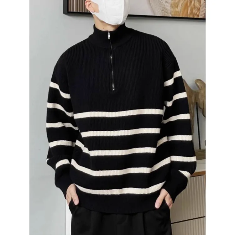 大码翻领冬季宽松慵懒风胖子男士毛衣针织衫条纹中学生男高领毛衣