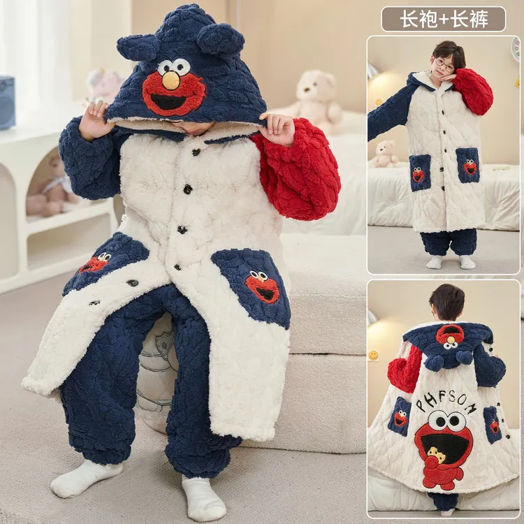 儿童睡衣男童秋冬款三层夹棉保暖加绒加厚男孩珊瑚绒家居服套装