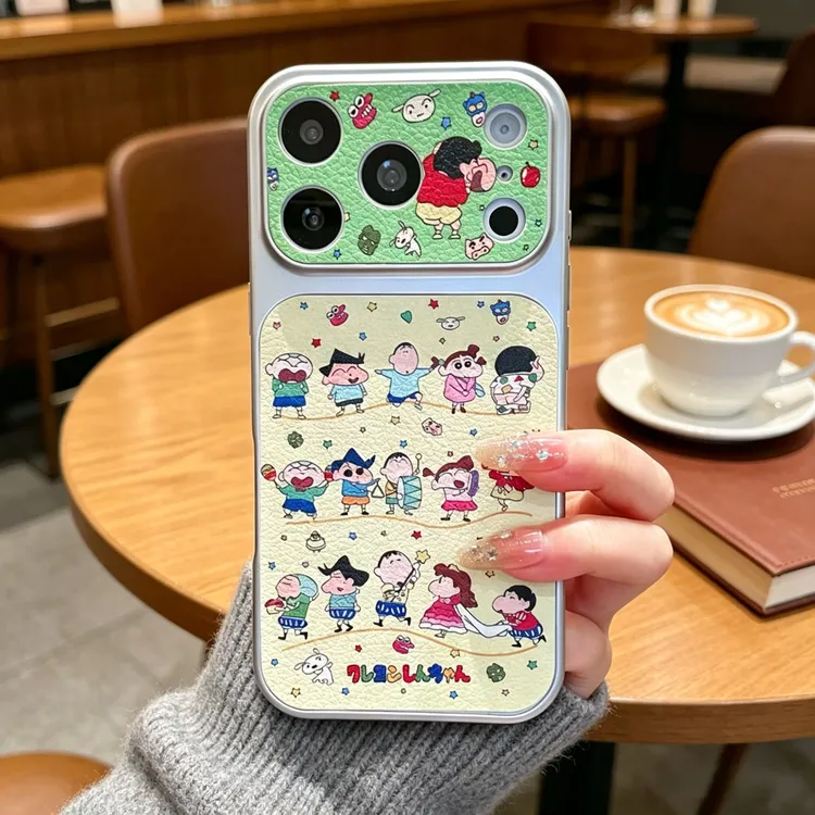 适用iphone15pro max手机壳镜头全包蜡笔小新苹果17/16皮纹防摔壳