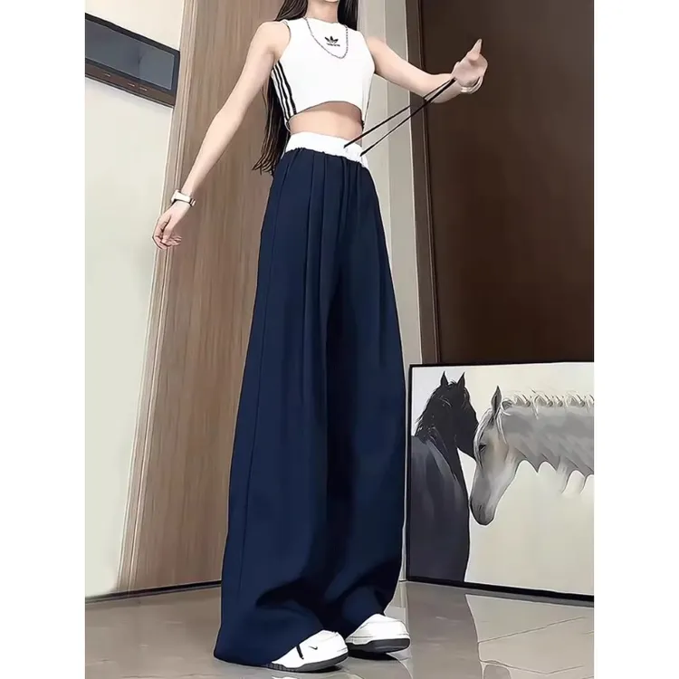 美式藏青色冰丝亚麻裤男夏季vibe拼接假两件裤子显腿长显瘦速干裤