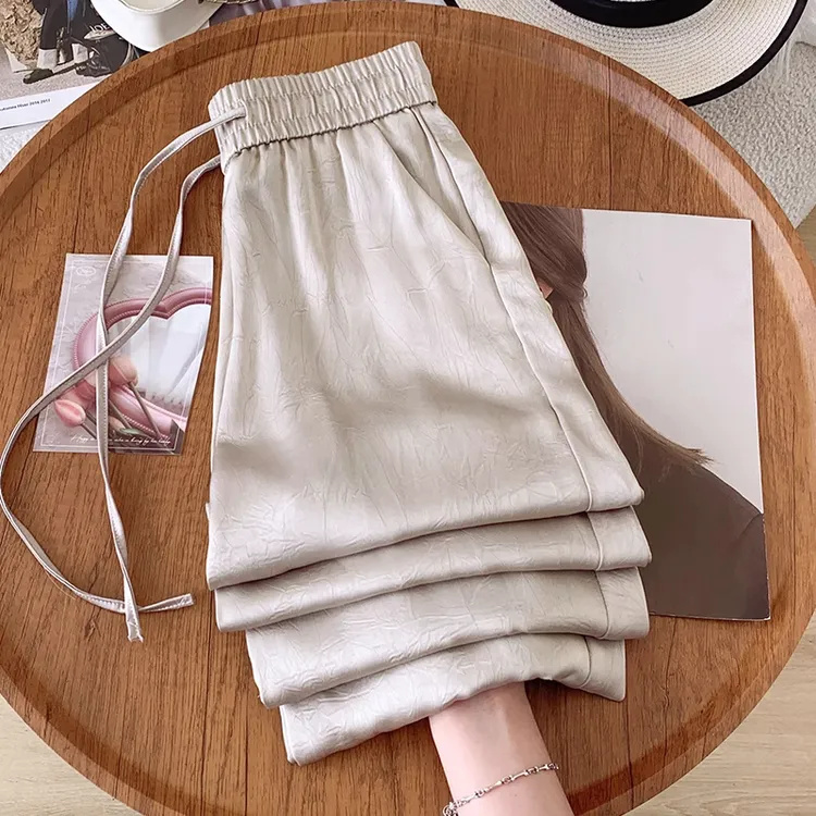 拉夏贝尔缎面提花醋酸阔腿裤女夏季2025薄款垂感凉感宽松休闲裤