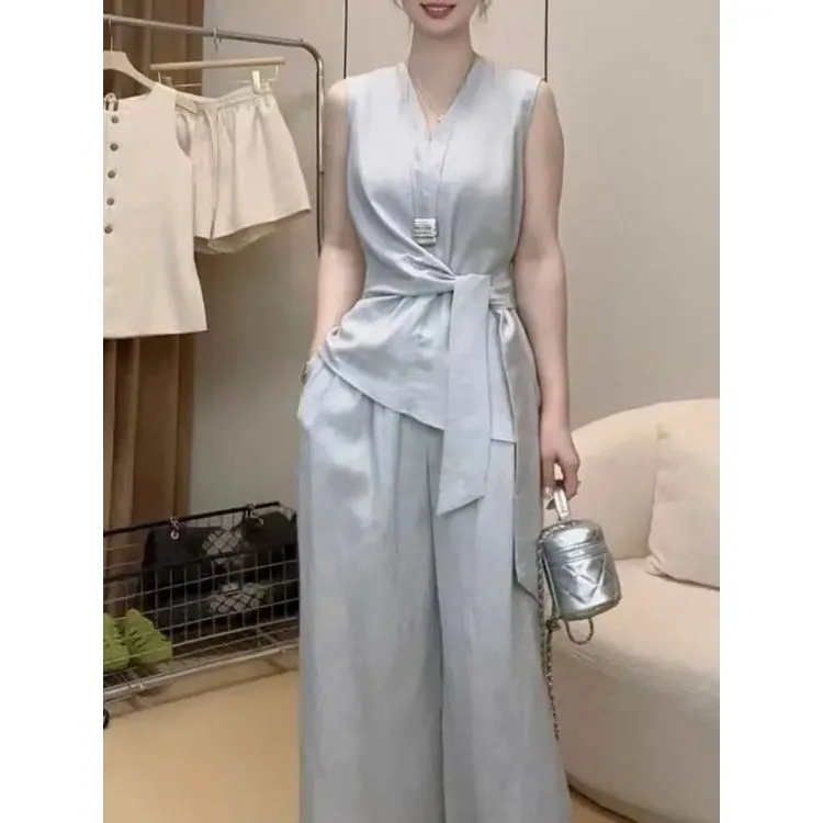 夏季新款套装女气质V领无袖收腰设计感绑带小衫高腰阔腿裤两件套